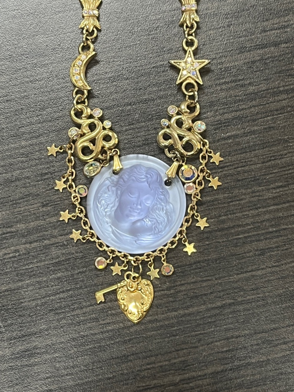 Gold-Tone Celestial Angel Pendant Necklace with Lavender Cameo